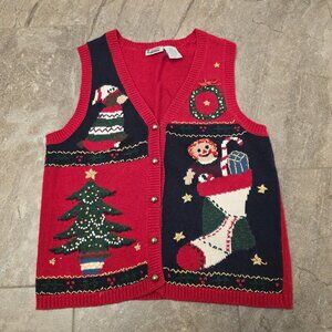 VTG Ramie Ugly Christmas Sweater Vest Womens M Embroidered Tree Doll Holiday 90s